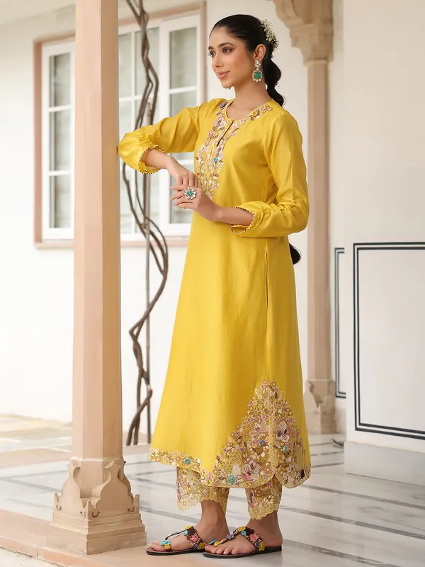 Mustard yellow chanderi silk kurti set for festival