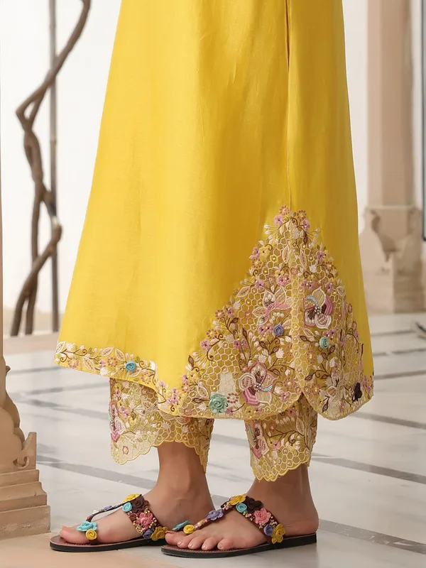 Mustard yellow chanderi silk kurti set for festival