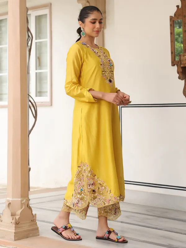 Mustard yellow chanderi silk kurti set for festival
