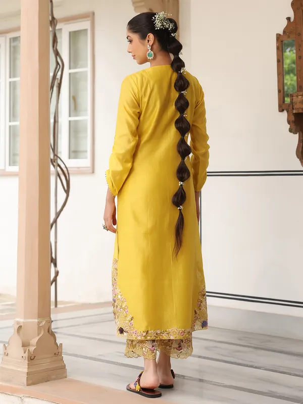 Mustard yellow chanderi silk kurti set for festival