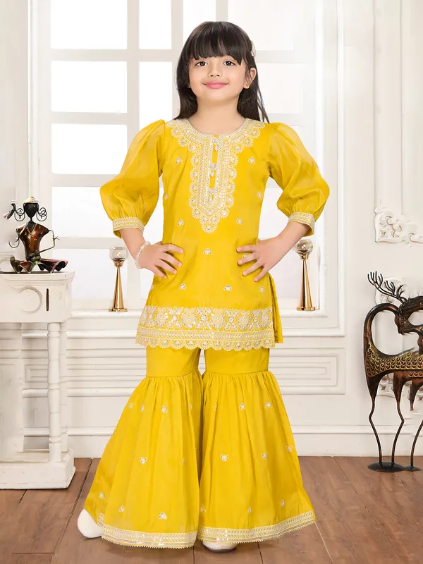 Mustard yellow chiffon embroidered sharara suit for haldi