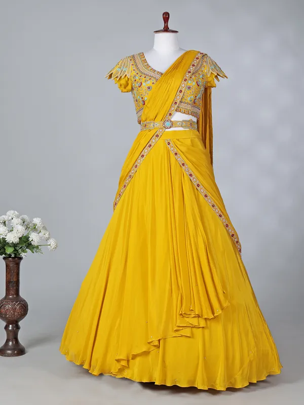 Mustard yellow chiffon silk sweetheart lehenga choli