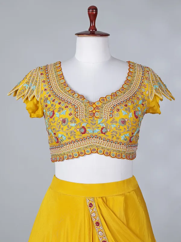 Mustard yellow chiffon silk sweetheart lehenga choli