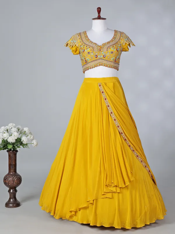 Mustard yellow chiffon silk sweetheart lehenga choli