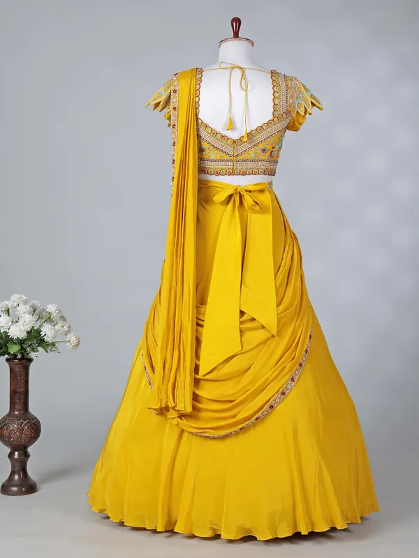 Mustard yellow chiffon silk sweetheart lehenga choli