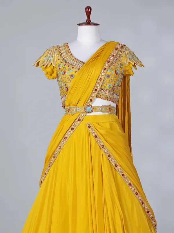 Mustard yellow chiffon silk sweetheart lehenga choli