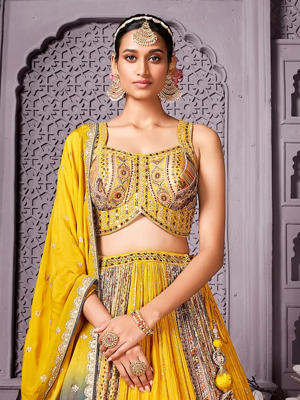 Mustard yellow chinnon lehenga choli with dupatta