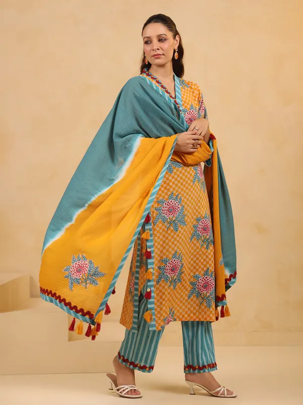 Mustard yellow coin work kurti set with dupatta