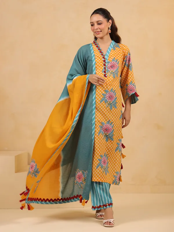 Mustard yellow coin work kurti set with dupatta