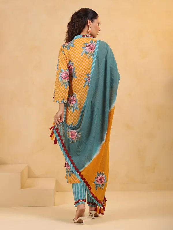 Mustard yellow coin work kurti set with dupatta