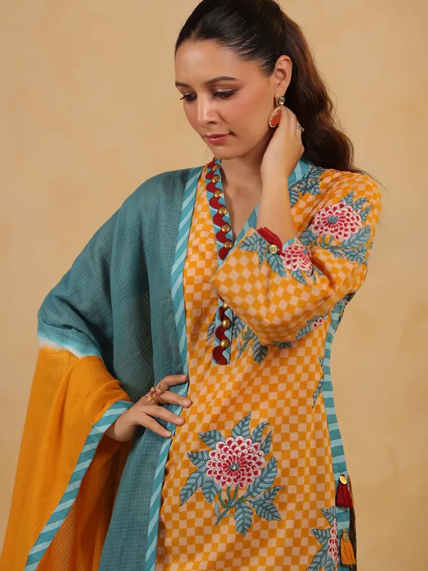 Mustard yellow coin work kurti set with dupatta