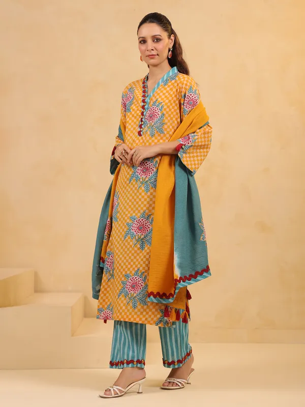 Mustard yellow coin work kurti set with dupatta