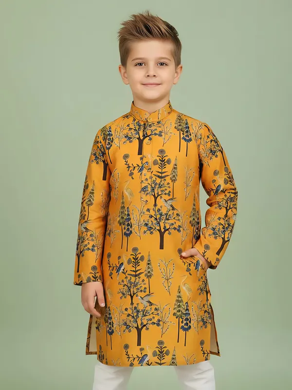 Mustard yellow cotton kurta suit with ptint