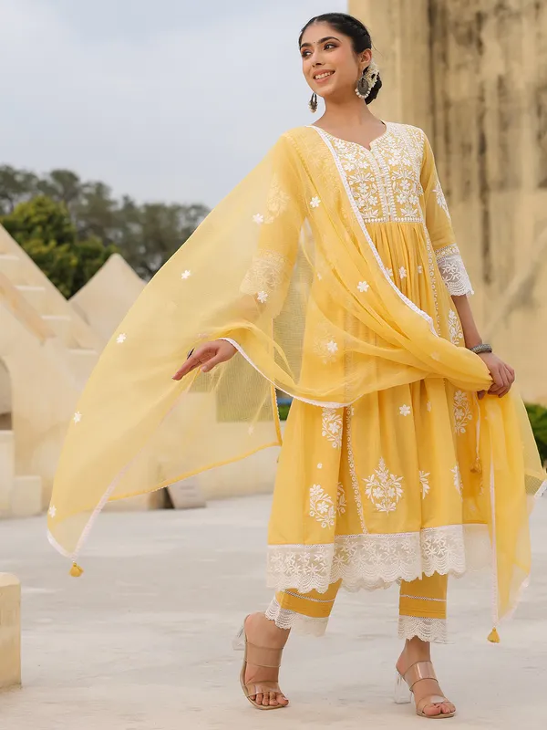 Mustard yellow cotton kurti set for women