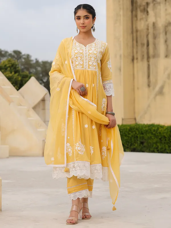 Mustard yellow cotton kurti set for women