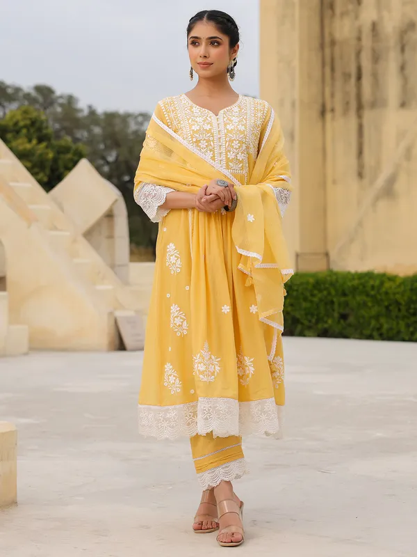 Mustard yellow cotton kurti set for women
