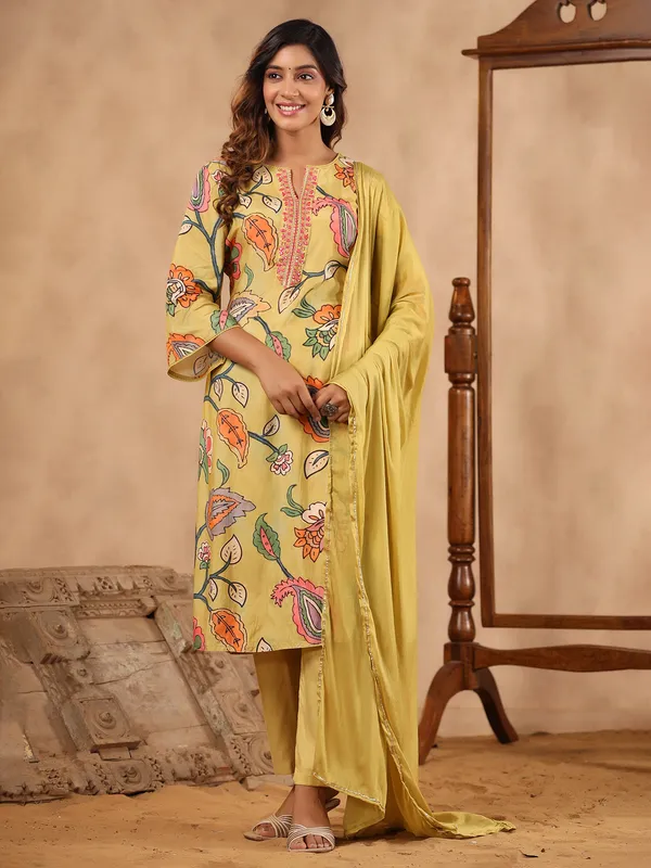 Mustard yellow cotton kurti set in printed