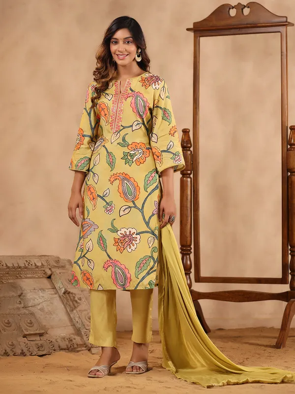 Mustard yellow cotton kurti set in printed