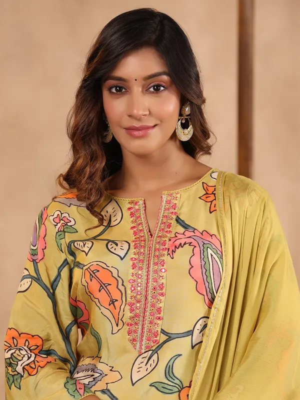 Mustard yellow cotton kurti set in printed