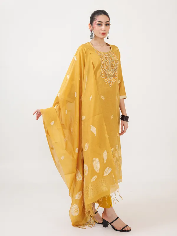 Mustard yellow cotton kurti set with dupatta
