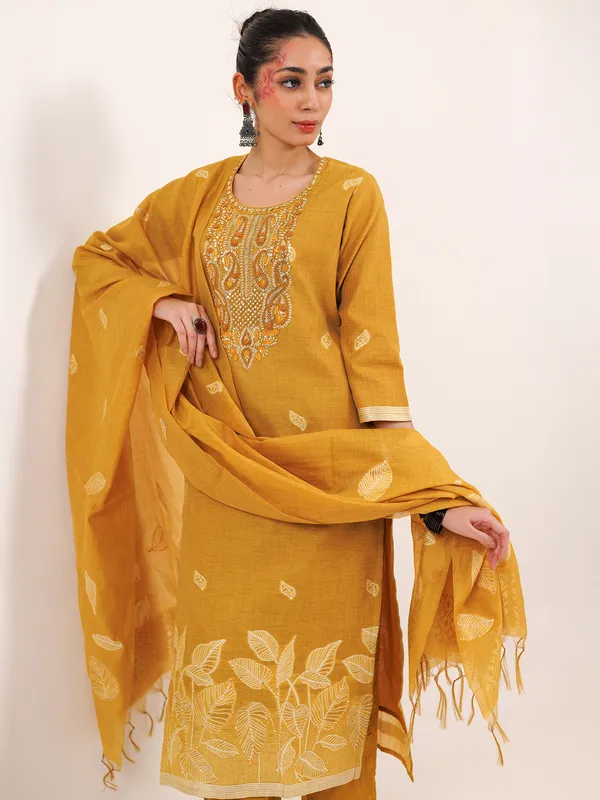 Mustard yellow cotton kurti set with dupatta