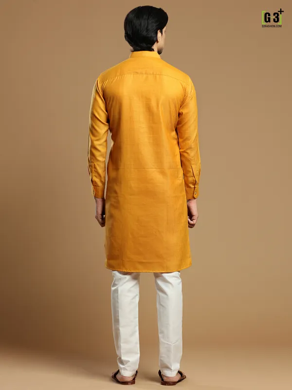 Mustard yellow cotton men kurta suit for festive