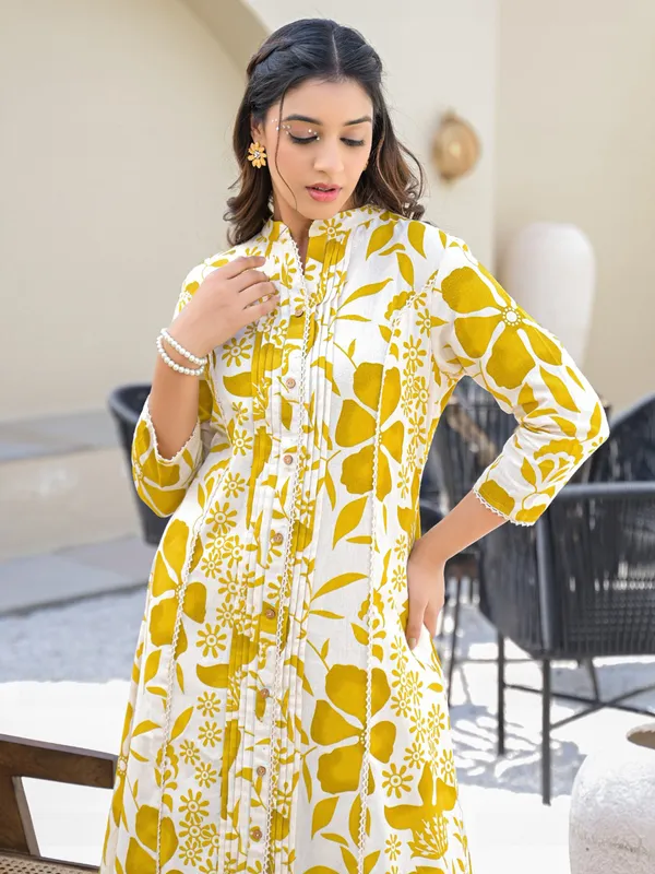 Mustard yellow cotton printed palazzo kurti set