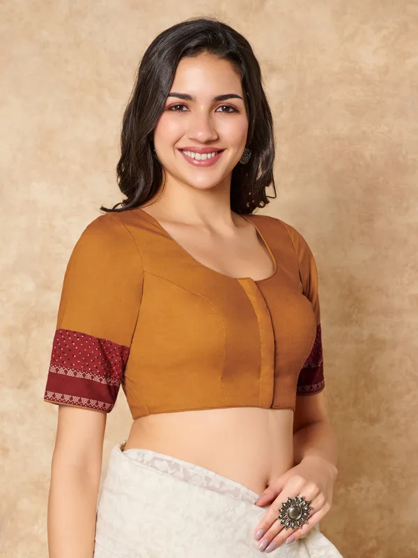 Mustard yellow cotton round neck readymade blouse