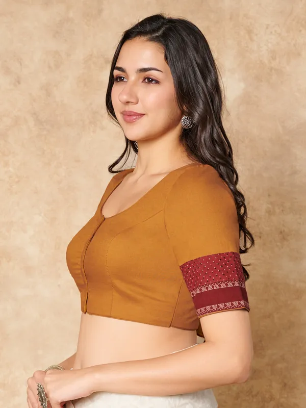Mustard yellow cotton round neck readymade blouse
