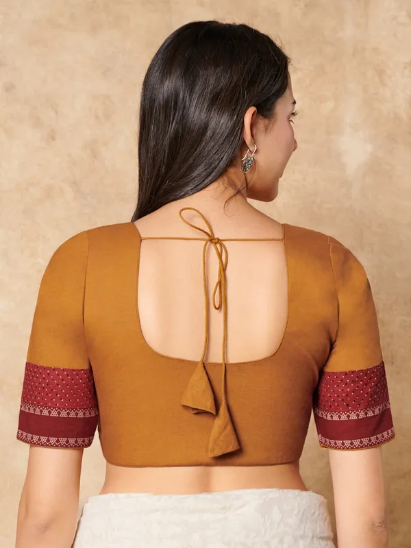 Mustard yellow cotton round neck readymade blouse