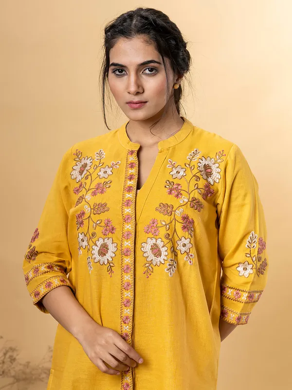 Mustard yellow cotton silk embroidered co ord set