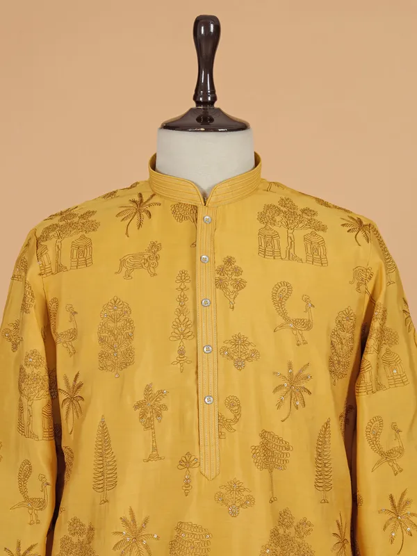 Mustard yellow cotton silk kurta suit for festive