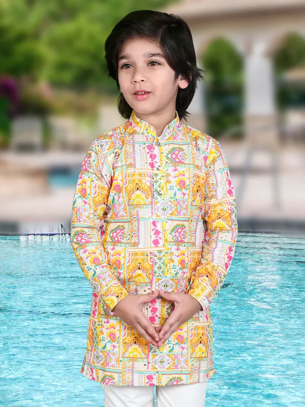 Mustard yellow cotton silk kurta suit with intricate aabla work