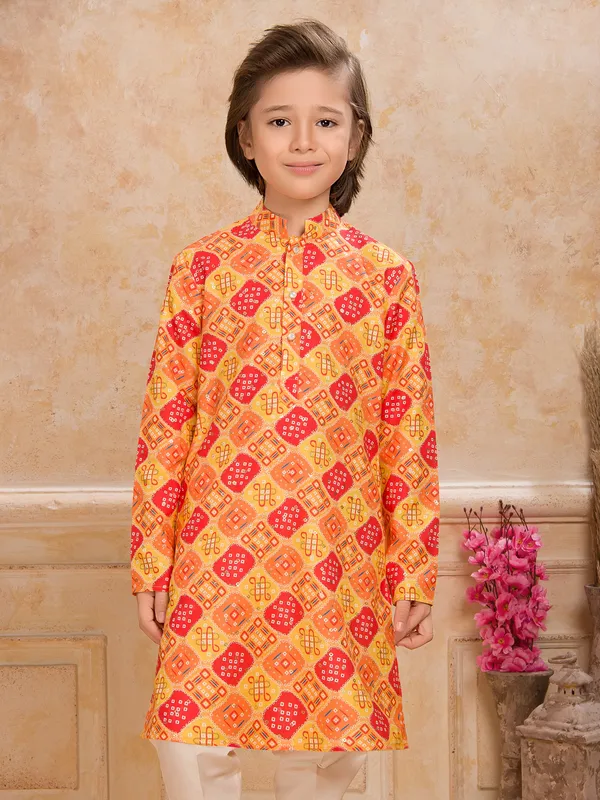 Mustard yellow cotton silk kurta suit with printed