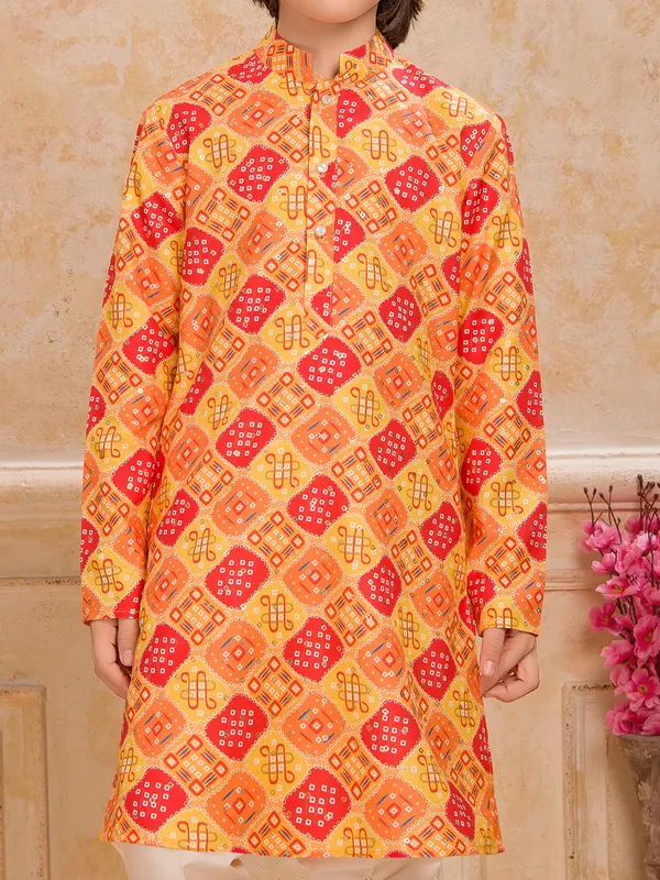 Mustard yellow cotton silk kurta suit with printed