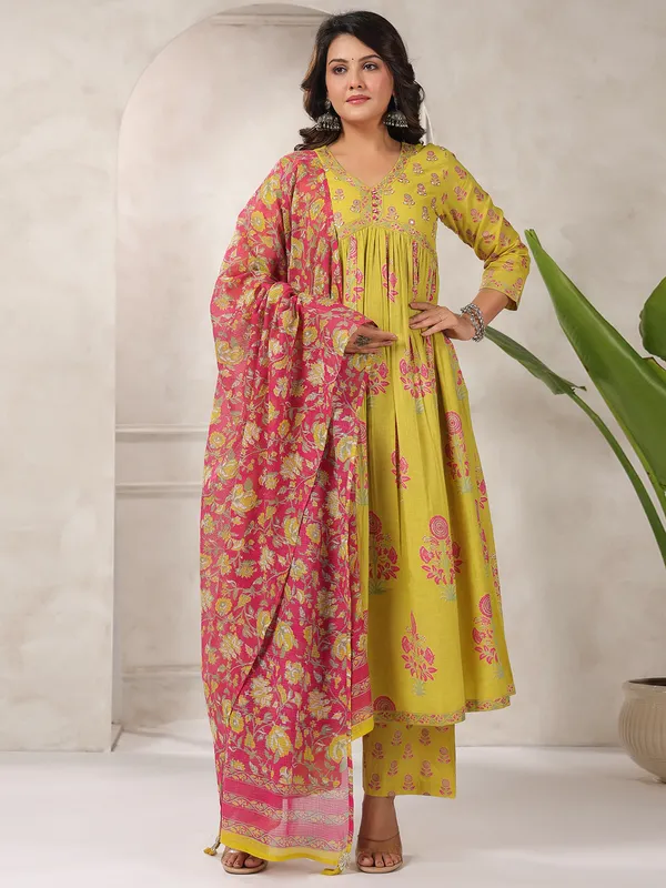 Mustard yellow cotton silk printed kurti set