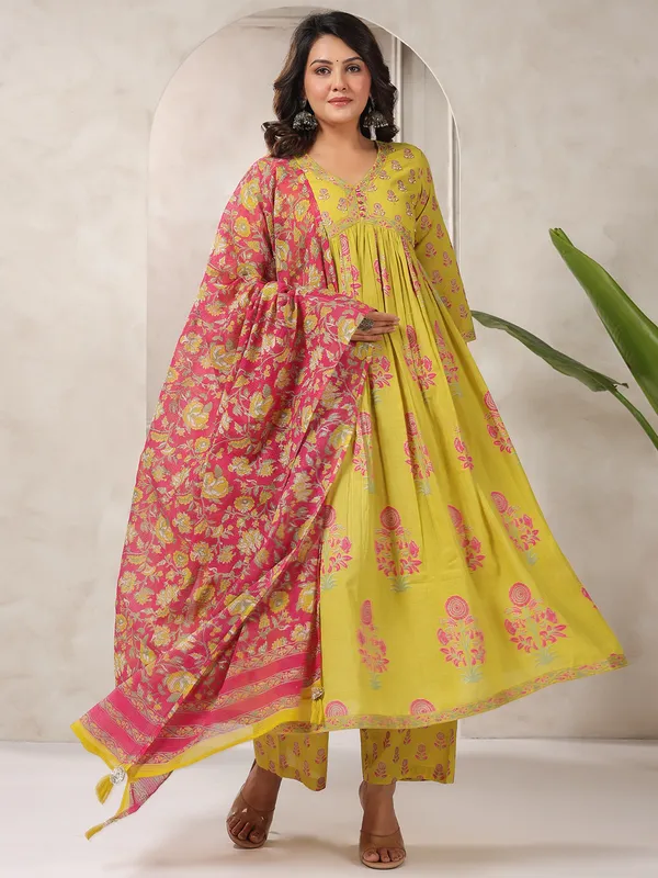 Mustard yellow cotton silk printed kurti set