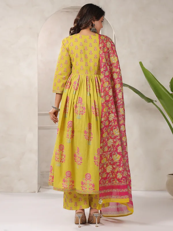 Mustard yellow cotton silk printed kurti set