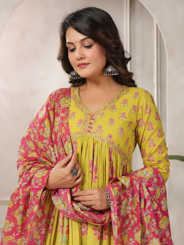 Mustard yellow cotton silk printed kurti set