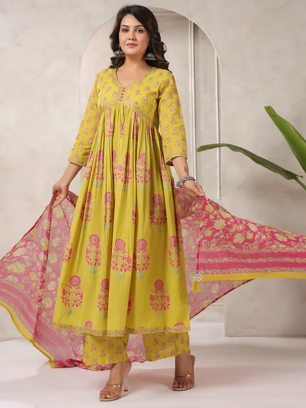 Mustard yellow cotton silk printed kurti set