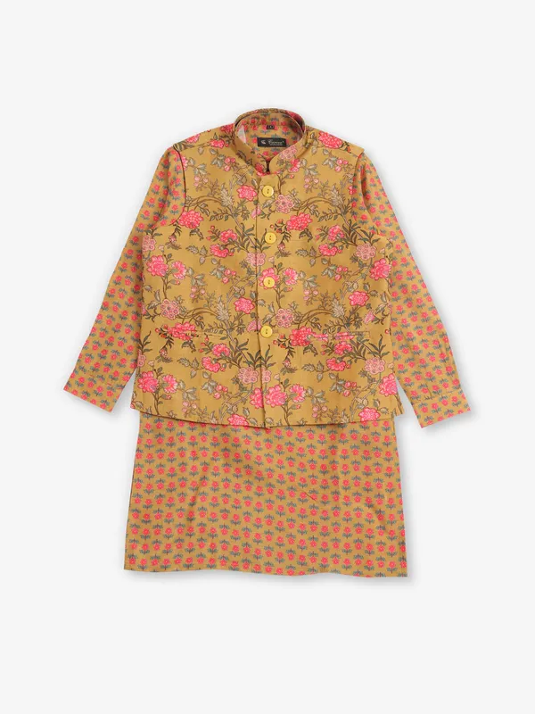 Mustard yellow cotton silk printed waistcoat set