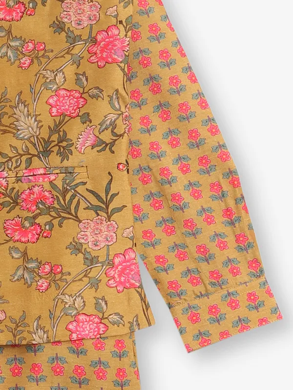 Mustard yellow cotton silk printed waistcoat set