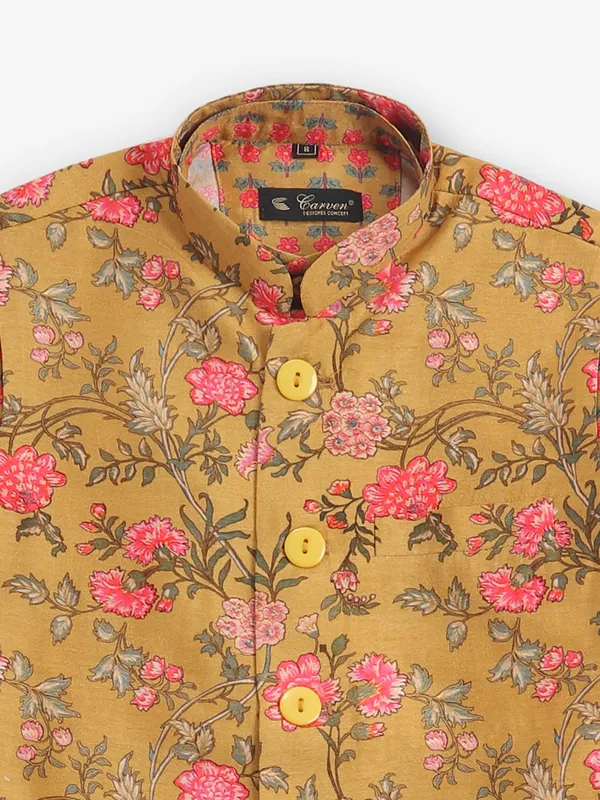 Mustard yellow cotton silk printed waistcoat set