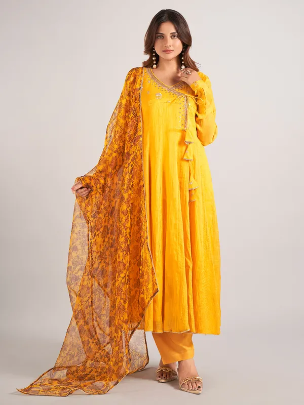 Mustard yellow cotton silk salwar suit with dupatta