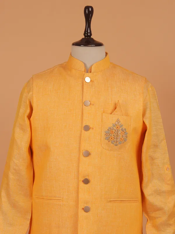 Mustard yellow cotton waistcoat set for men