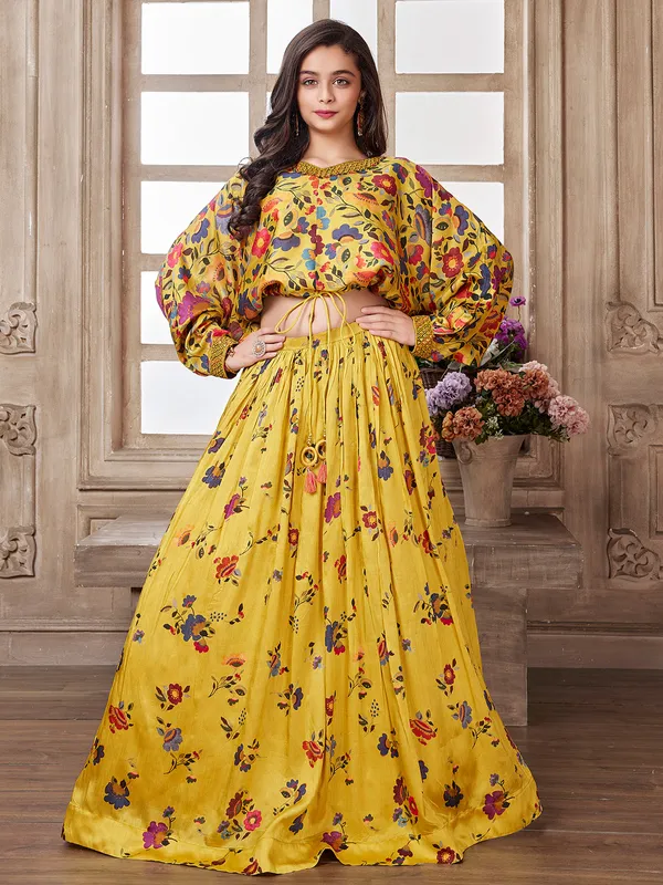 Mustard yellow crop top with lehenga