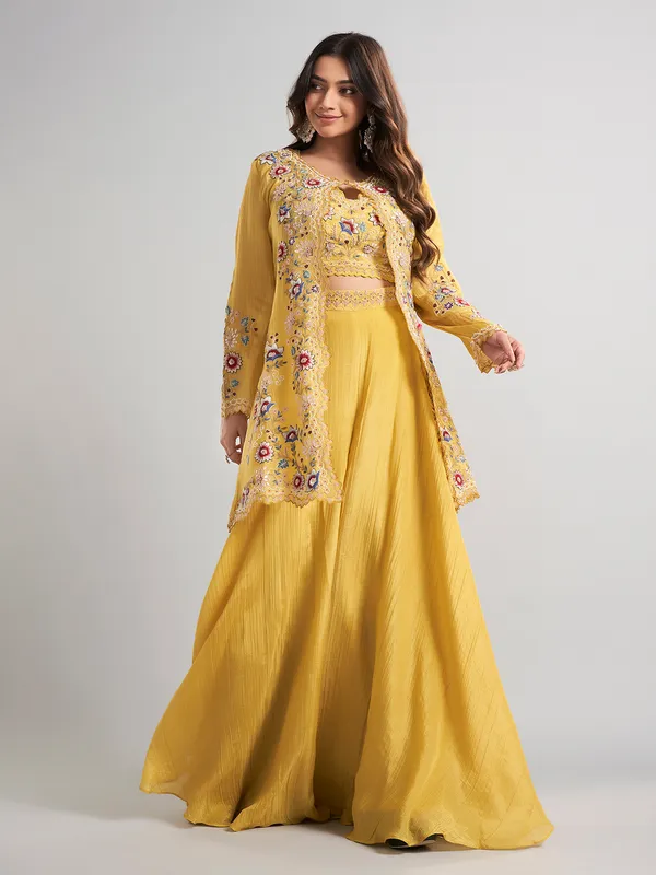 Mustard yellow designer jacket style silk palazzo suit