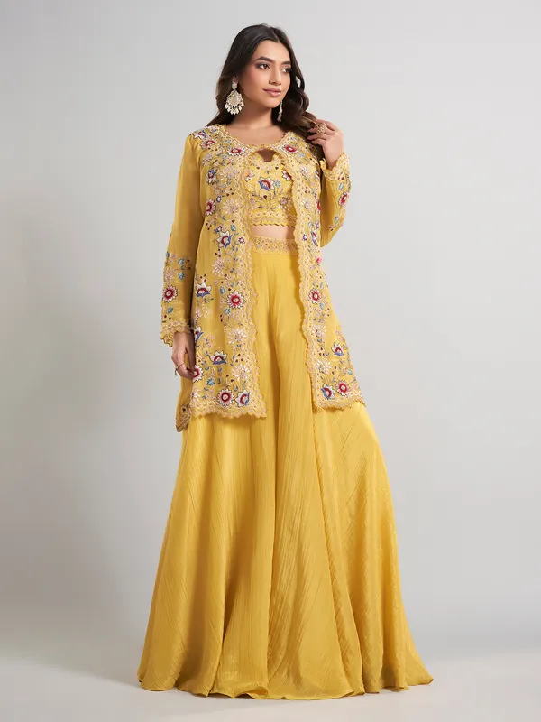 Mustard yellow designer jacket style silk palazzo suit