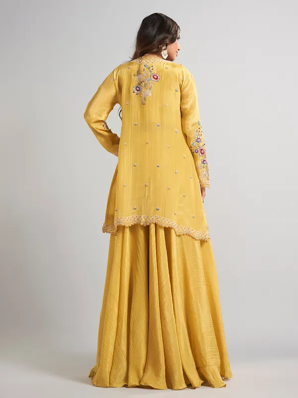 Mustard yellow designer jacket style silk palazzo suit