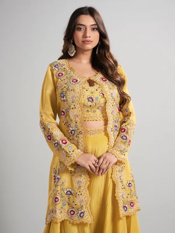 Mustard yellow designer jacket style silk palazzo suit